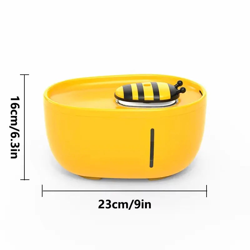 Yellow cat water fountain with filtration system, water level window, and USB connection