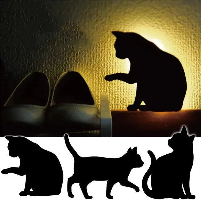 Black LED cat night light with acrylic shade and voice control, warm yellow light for bedroom or corridor
