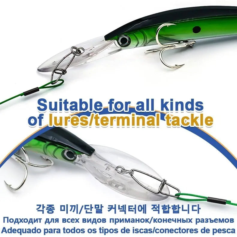 Set of 10 green steel wire double buckle fishing bite leaders showing 54cm length
