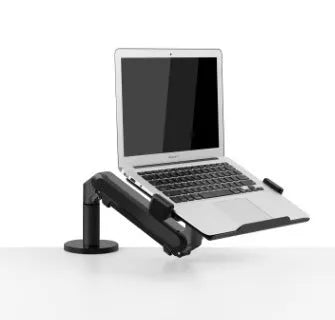 Silver aluminium laptop stand with adjustable air pressure arm bracket elevating a laptop
