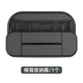 Black leather car seat rear storage bag with dimensions 36x8x24cm showing customisable compartments