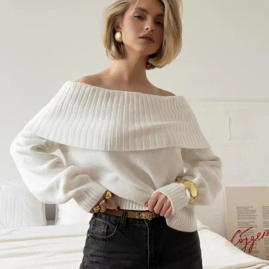 Grey off-the-shoulder acrylic sweater with 3D pattern, regular sleeves, and strapless design