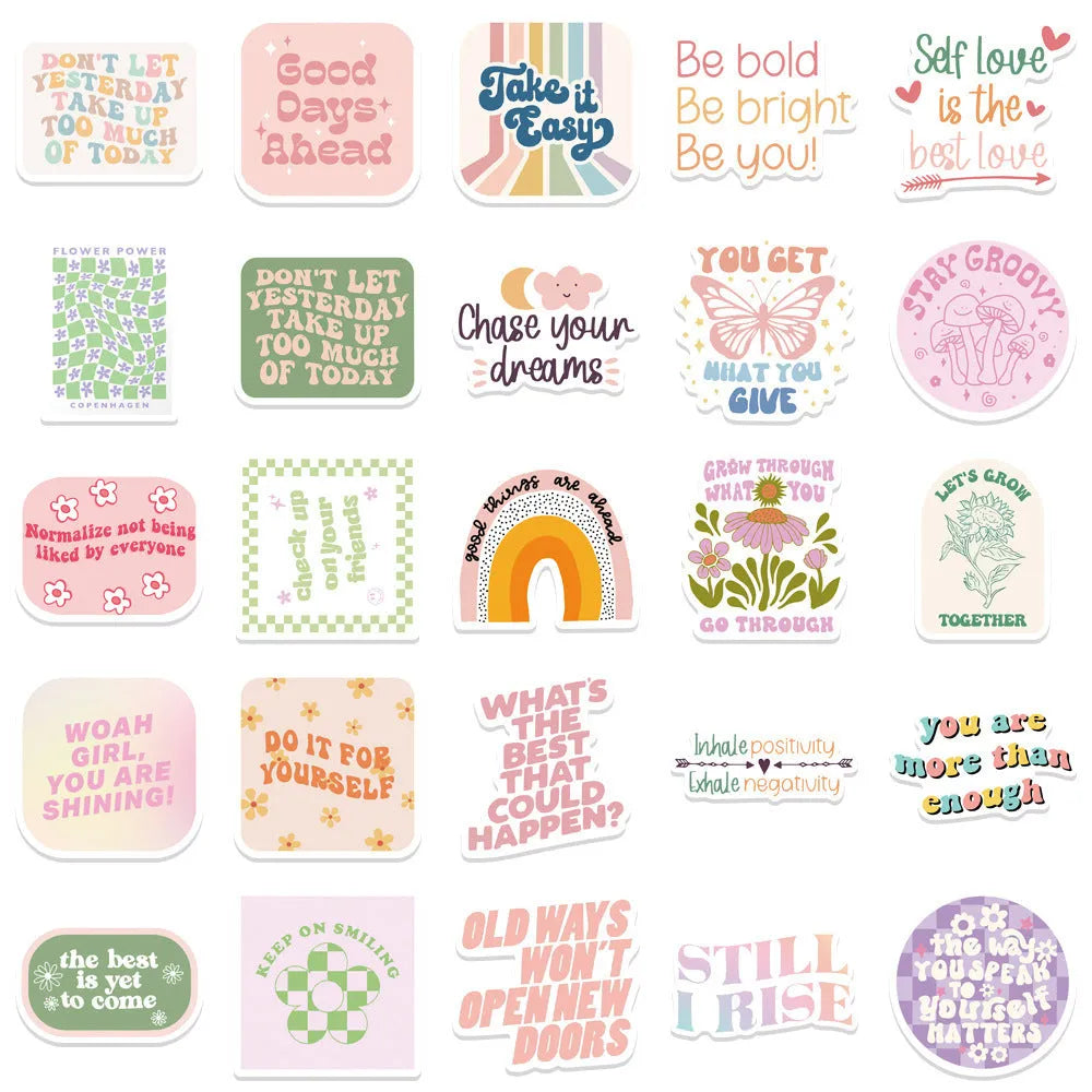 Motivational statement stickers, 50 self-adhesive Danish pink decals, 4-6cm, graffiti cartoon cute patterns.