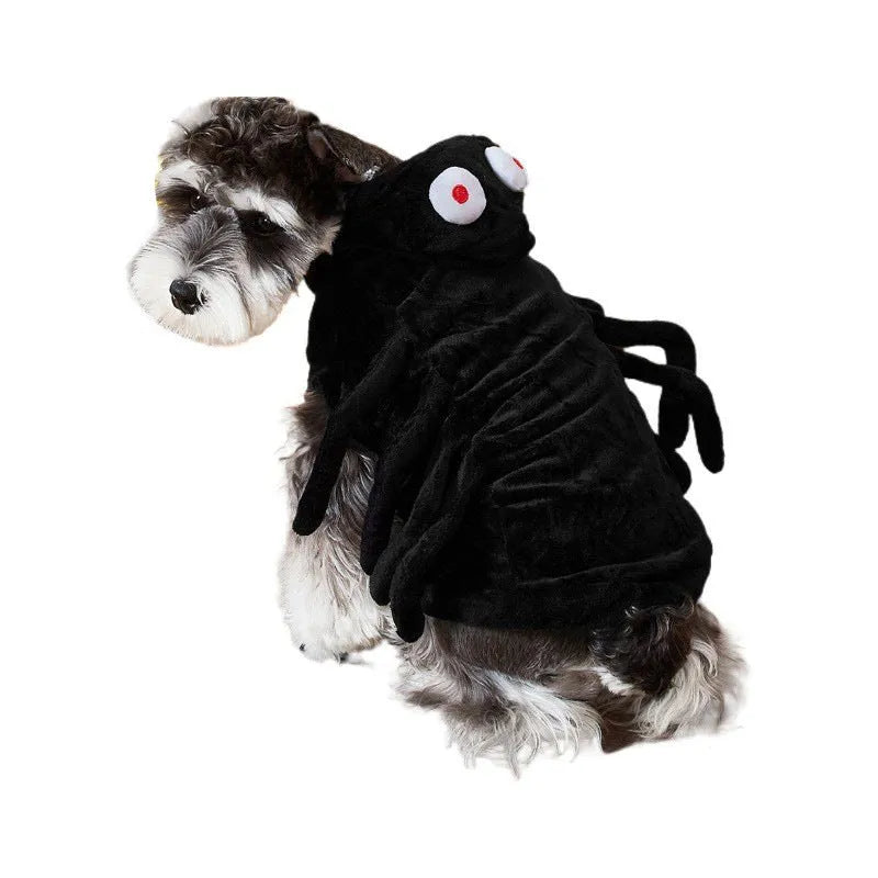 Black spider web pattern dog costume showing front view on pet