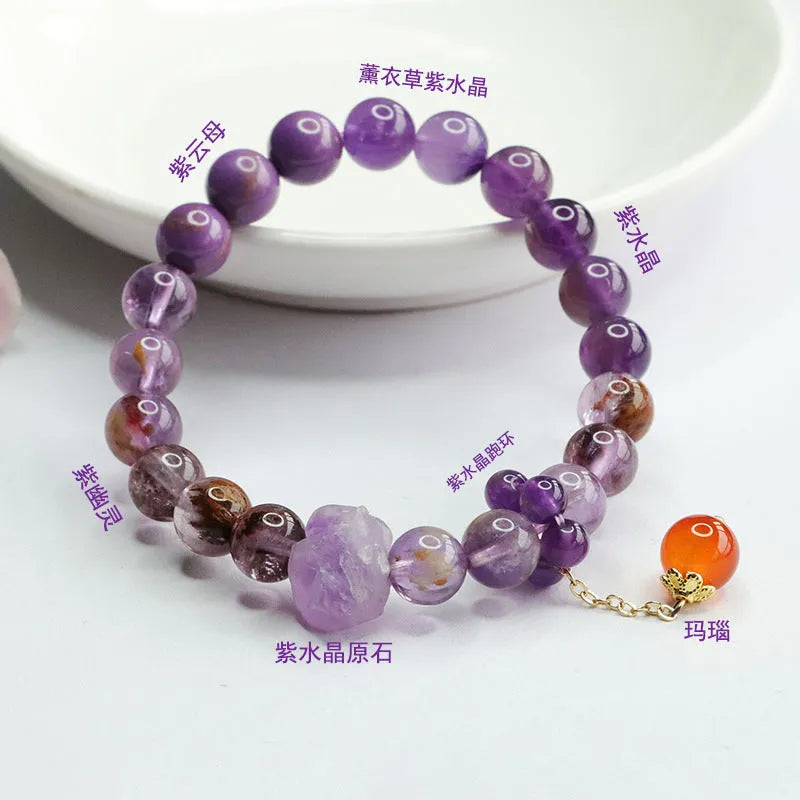 Natural nine purple amethyst and red agate multi-treasure crystal bracelet with 7-8mm beads