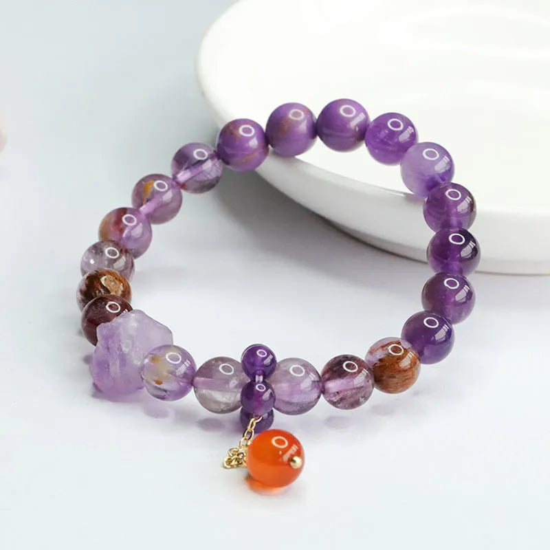 Natural nine purple amethyst and red agate multi-treasure crystal bracelet with 7-8mm beads