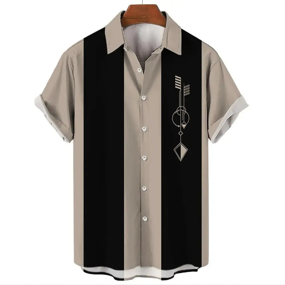 Man wearing a blue and white stripe pattern Hawaiian shirt with short sleeves and button front.