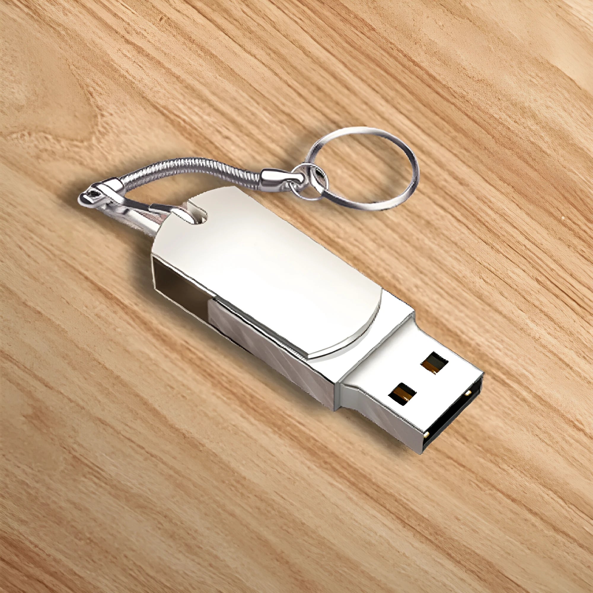 Small white metal USB flash drive with rotation design showing compact 34mm dimensions