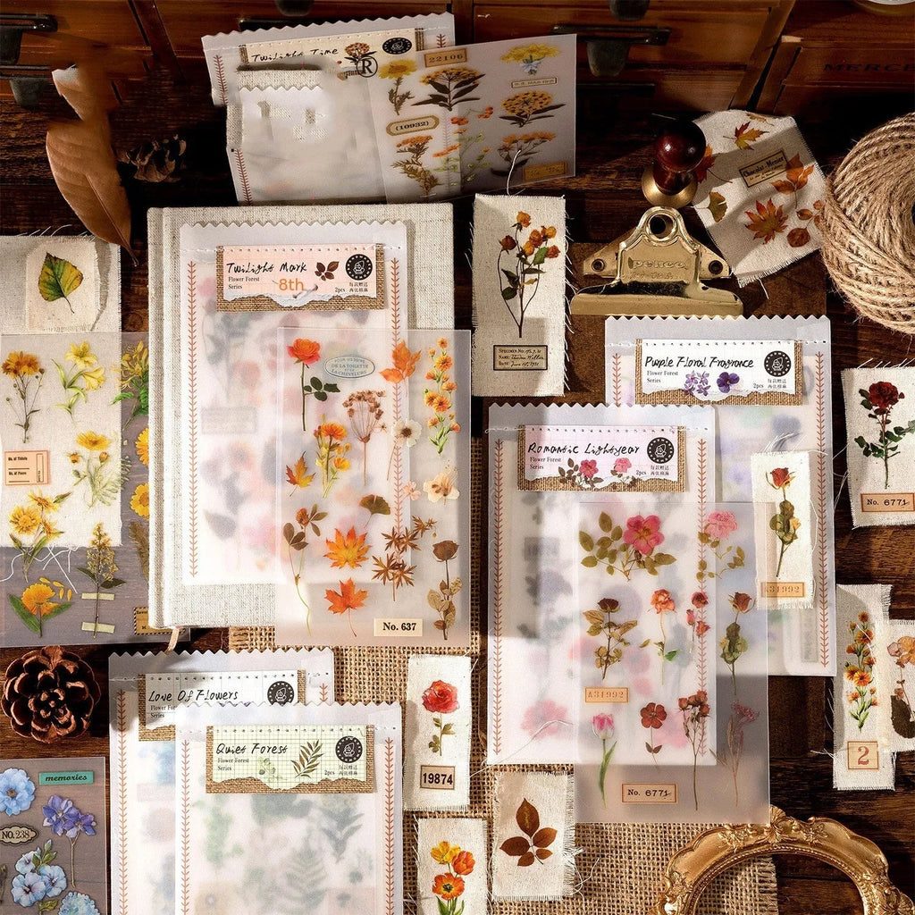 Huazhisen Series forest art sticker material pack showing printed transfer paper and cotton linen sheets