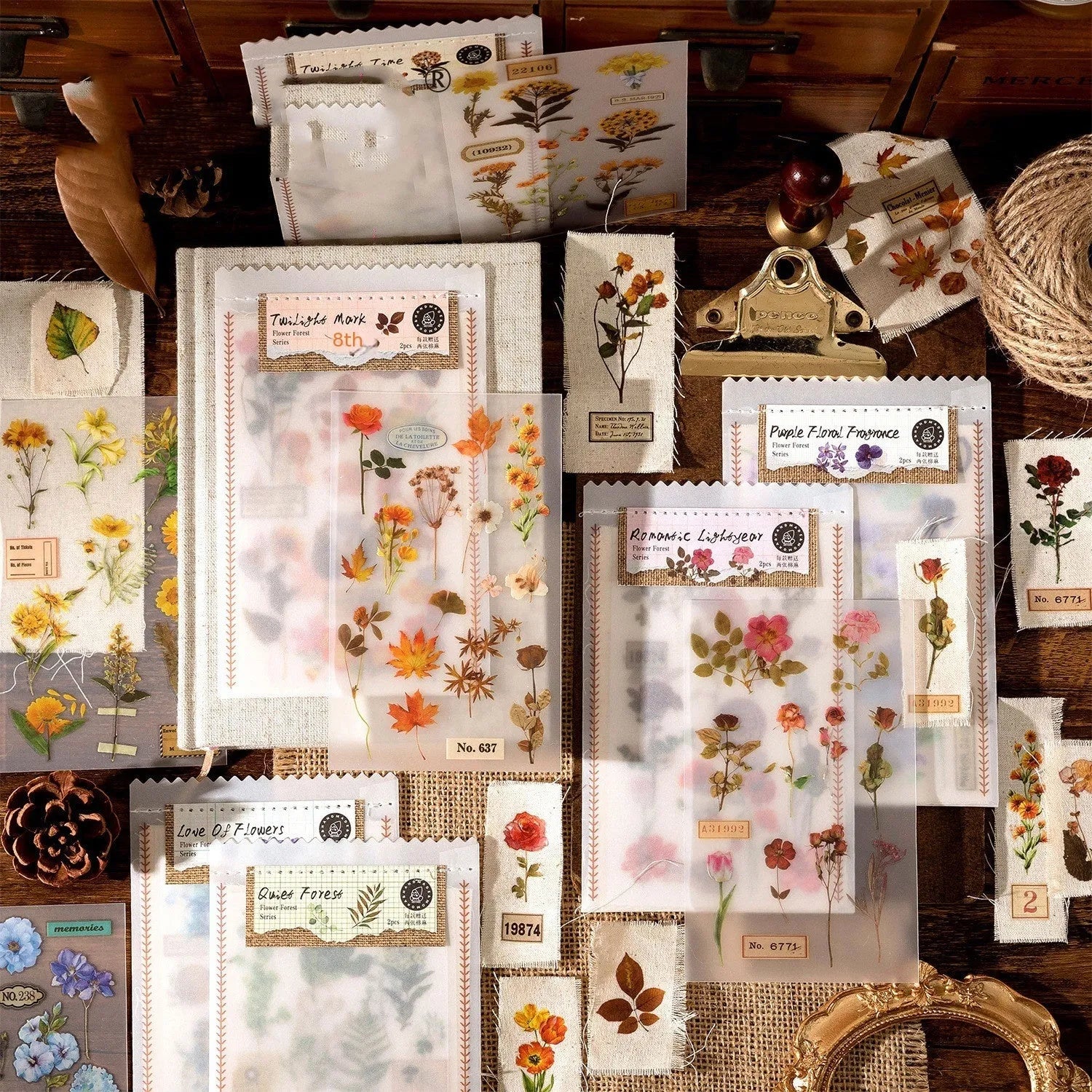 Huazhisen Series forest art sticker material pack showing printed transfer paper and cotton linen sheets