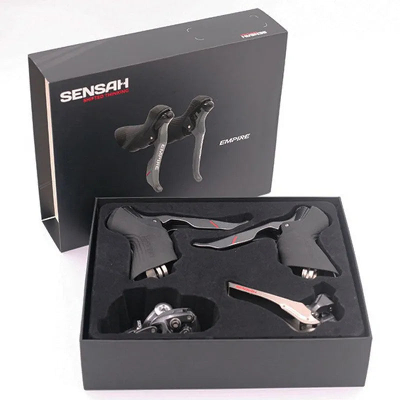 Road bike transmission kit showing aluminium alloy manual shifters, front derailleur and short leg rear derailleur for 11-speed upgrades.