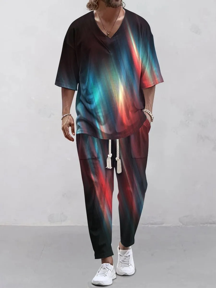 Man wearing a thin polyester V-neck trousers suit with cropped sleeves, available in multiple colours and sizes up to 6XL.