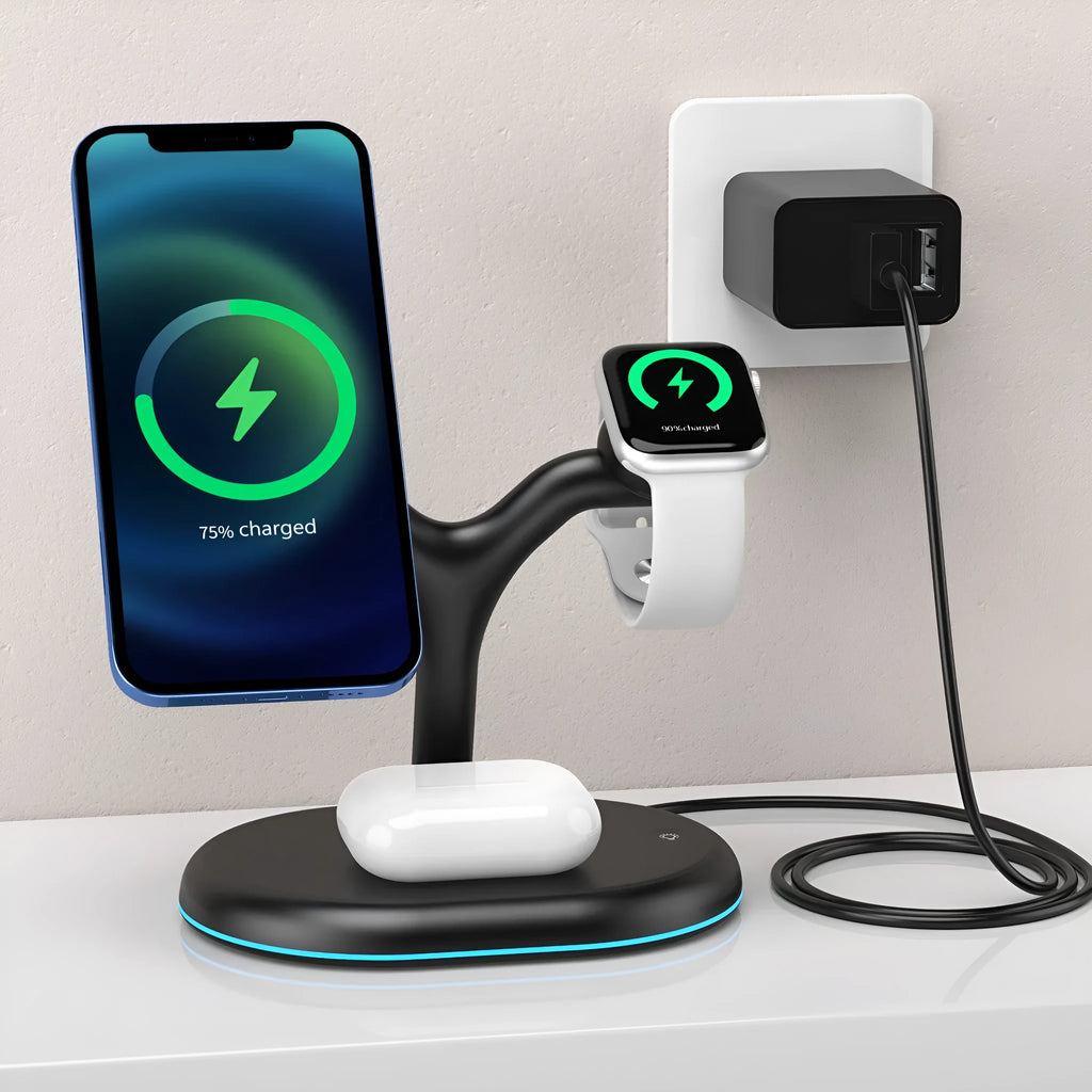 Black three-in-one magnetic wireless charger with ABS plastic construction