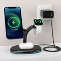 Black three-in-one magnetic wireless charger with ABS plastic construction