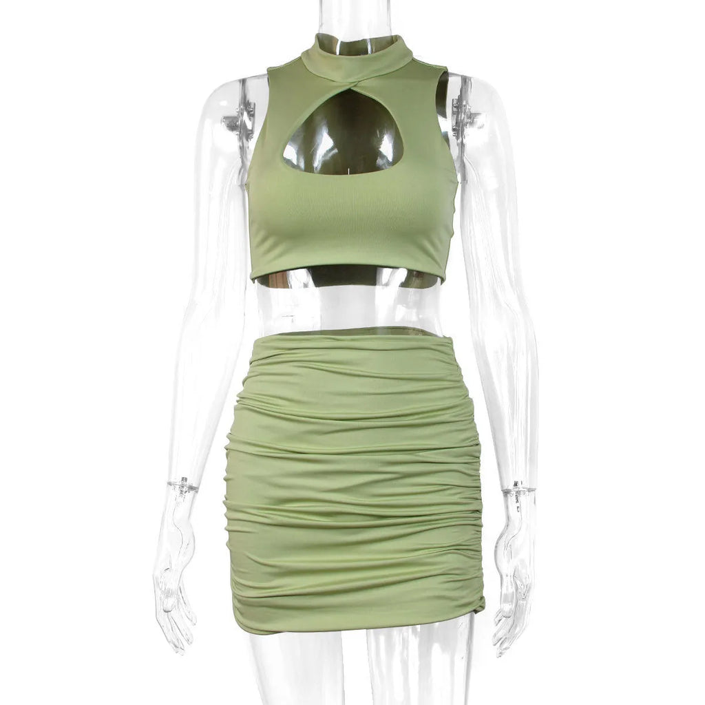 Women's light purple summer two-piece set with hollow vest top and split skirt