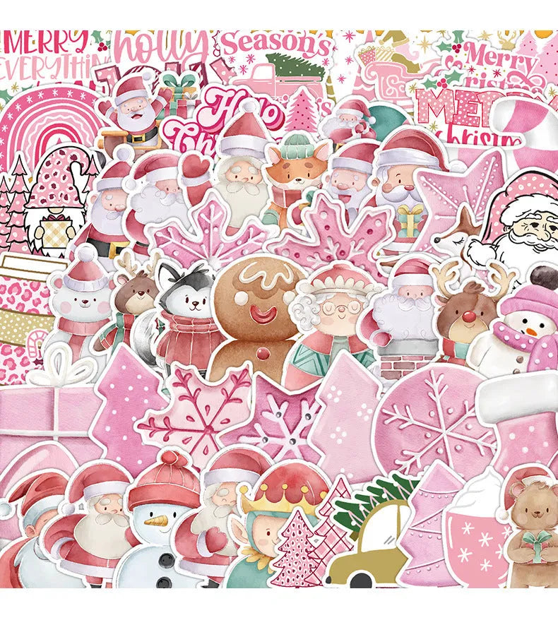 Assortment of 50 cute Christmas-themed waterproof stickers ranging from 4cm to 8cm in size.