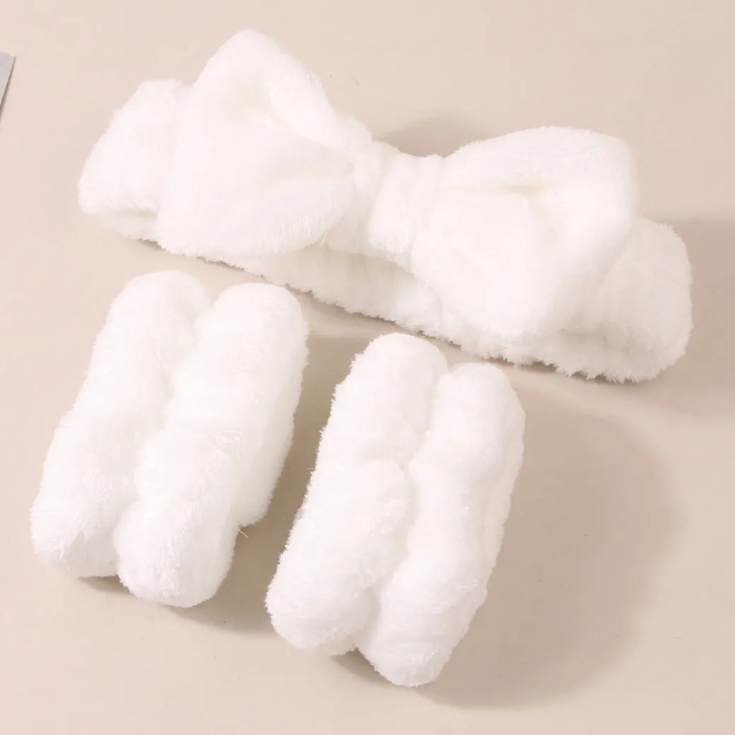 Facial brush set with coral fleece hair band and nylon bristles in multiple colour options