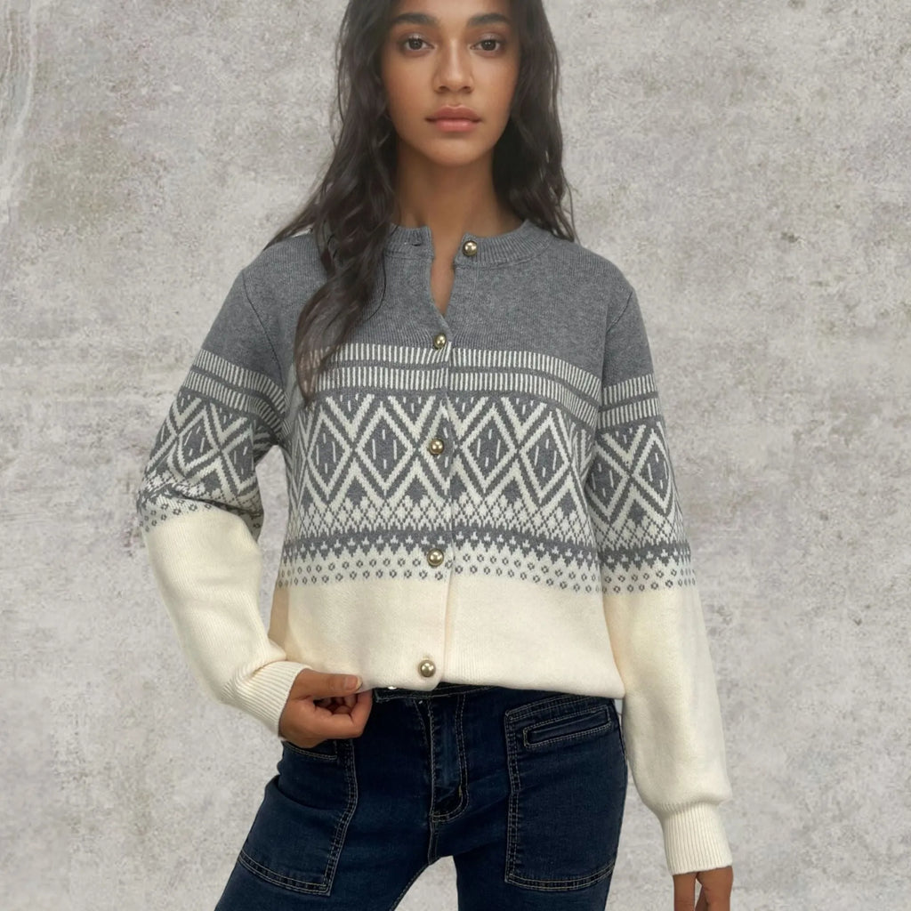 Women's red alpaca wool cardigan with grey contrast sleeves and diamond knit pattern