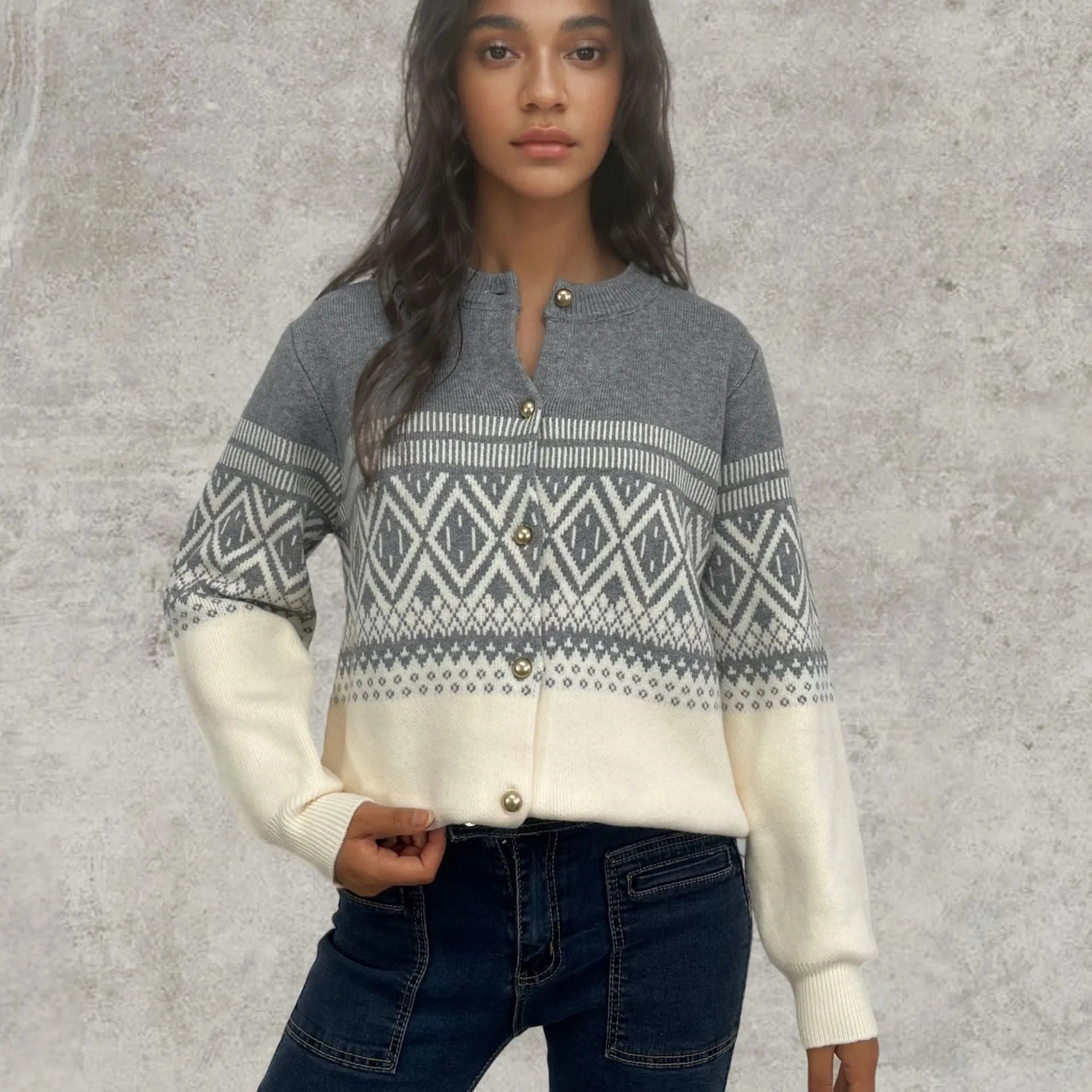 Women's red alpaca wool cardigan with grey contrast sleeves and diamond knit pattern
