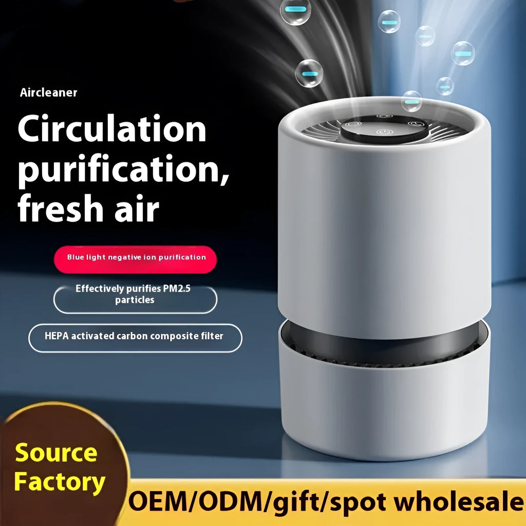 White EJ-JHQ101 desktop USB air purifier with simple style on a desk.