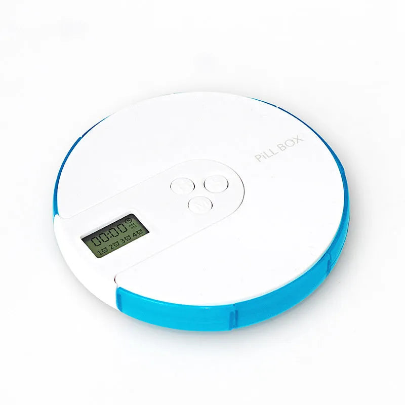 Seven-compartment electronic pill dispenser with alarm clock display, shown in multiple colour options.