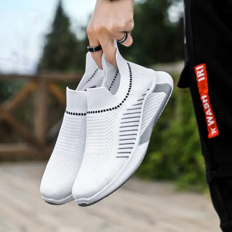 Men's mesh slip-on sneakers with striped design and flyknit upper in three colour options