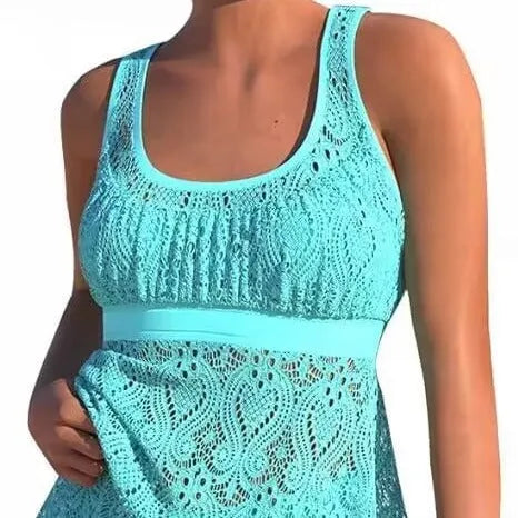 Women's conservative two-piece swimsuit set with hollow detail and solid colour design