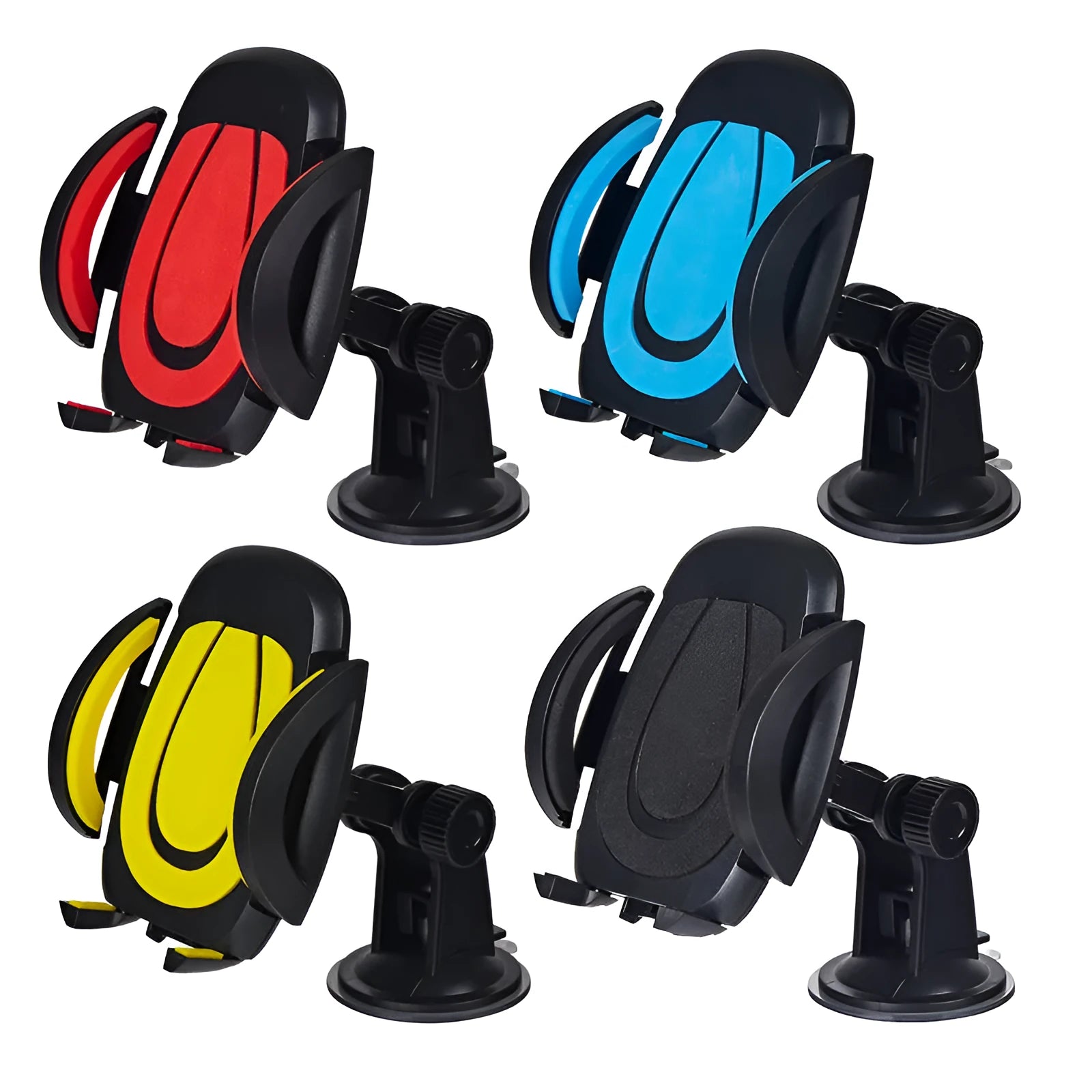 Red ABS plastic car phone holder with U-shaped clamp and suction cup mount on a dashboard.