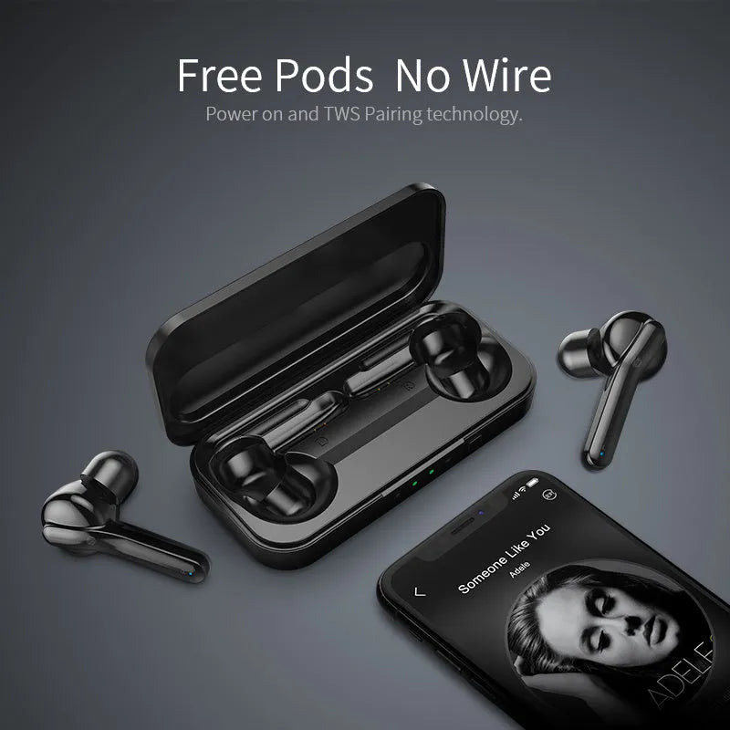 Black and white TWS wireless Bluetooth earbuds with an IPX5 waterproof rating.