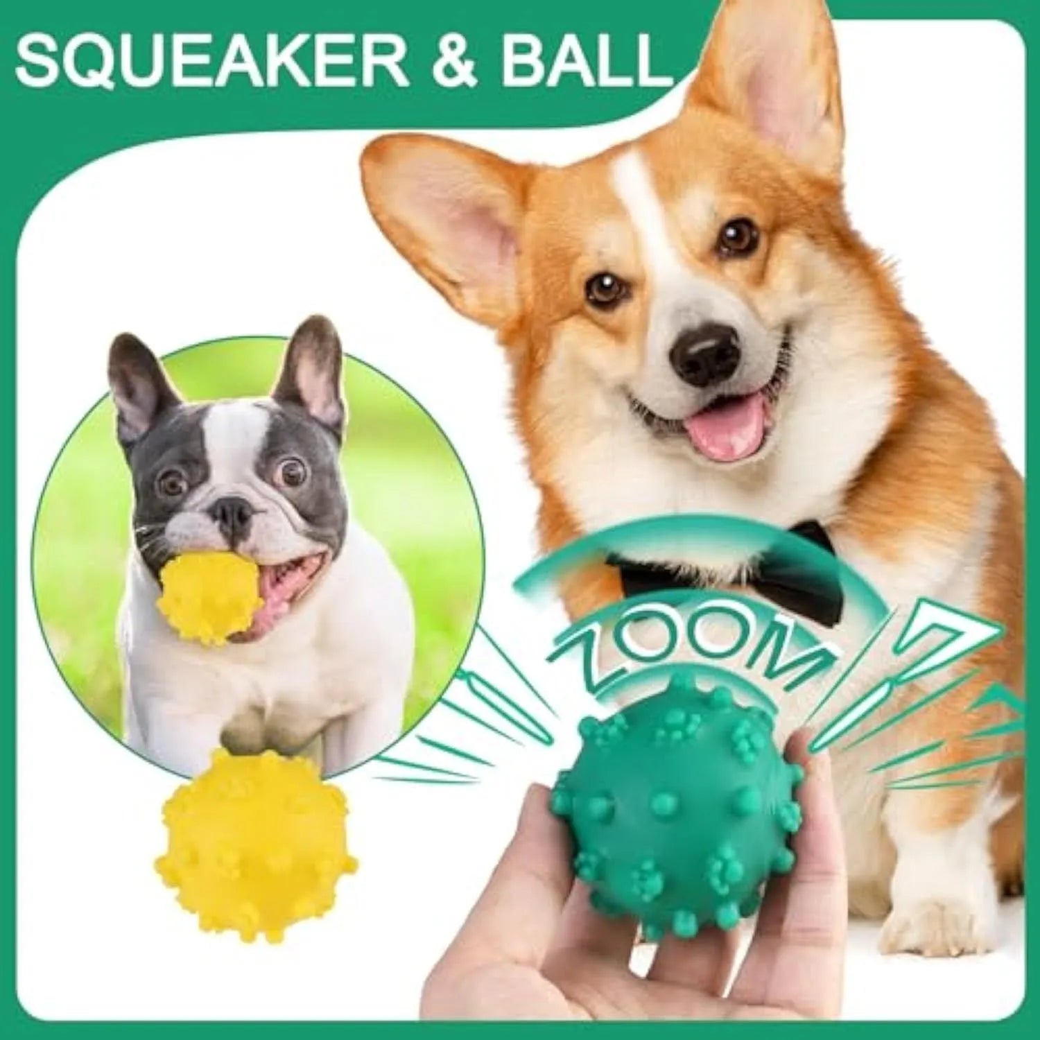 Set of four brightly coloured spiked squeaky dog balls on a blue background
