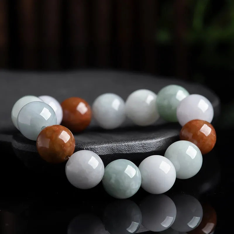 Women's Myanmar jade tricolour bracelet with 13mm round beads and certificate