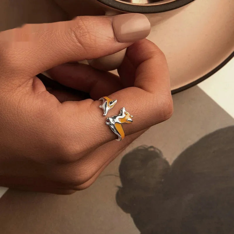 Silver electroplated corgi dog ring with cartoon design for women