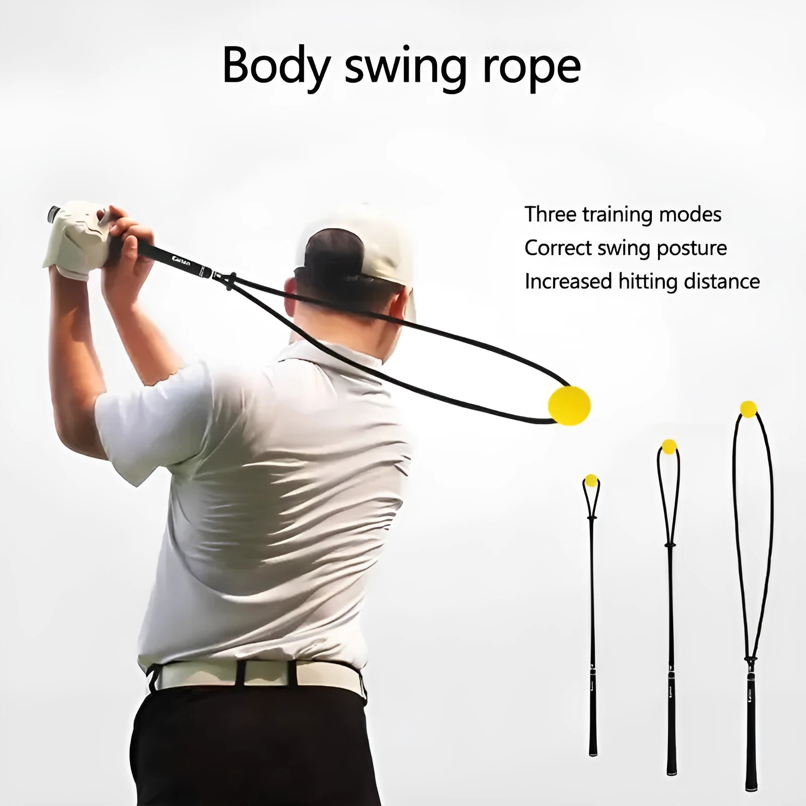 Black silicone elastic golf swing trainer rope for practice and correction drills.