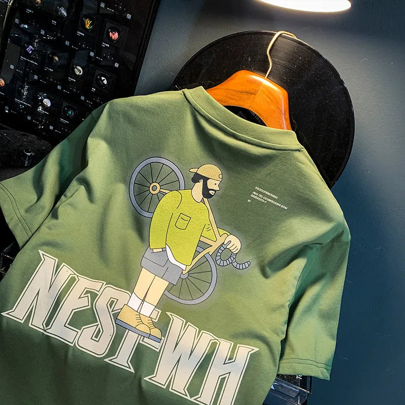Green men's loose fit t-shirt with a literary print on the front.