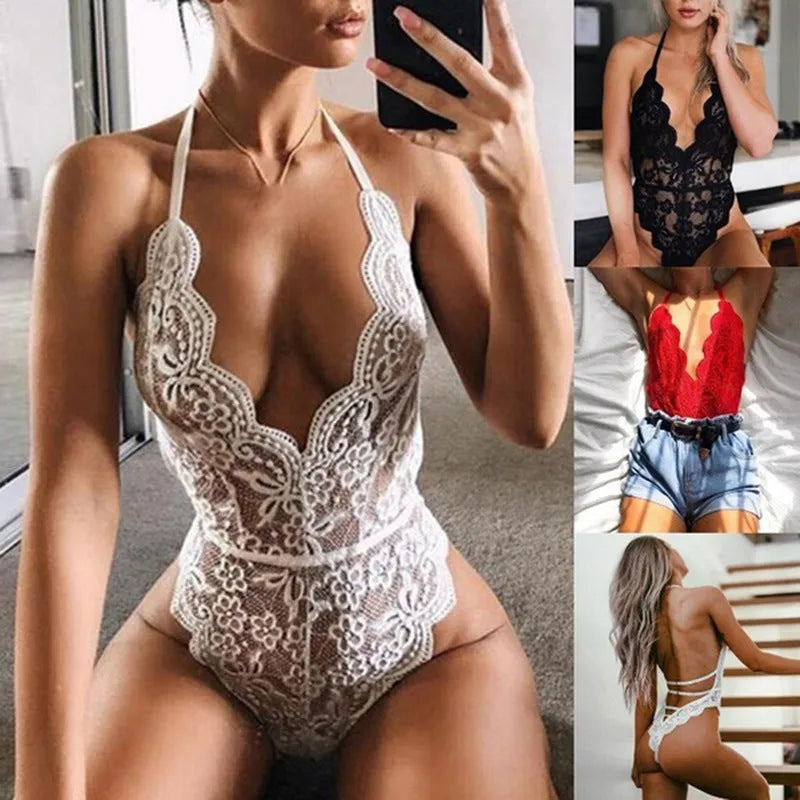 Lace and spandex one-piece cosplay bodysuit in Black, Red or White, sizes S M L XL