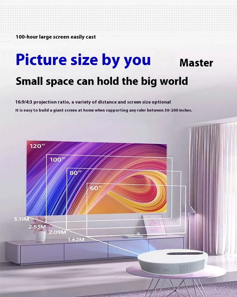 White 720p HD home theatre smart projector with remote control on a table.