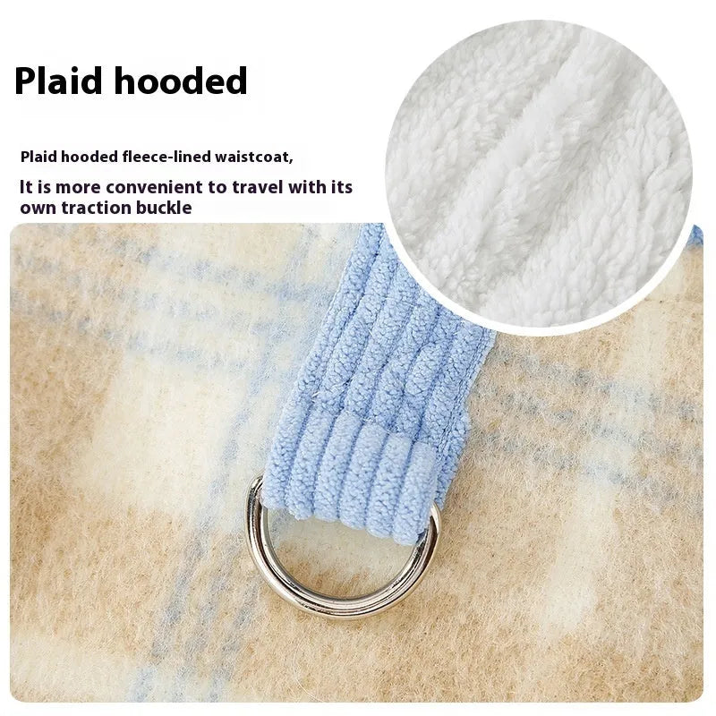 Blue corduroy chessboard grid hooded traction vest for dogs with size labels