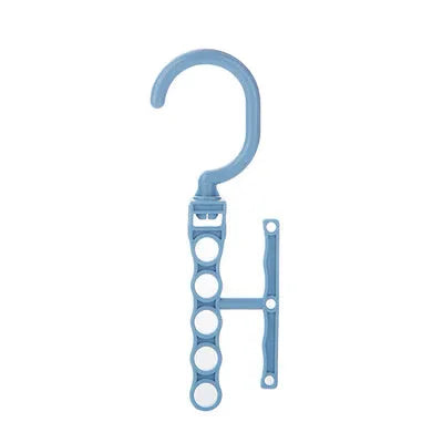 Blue plastic revolving wardrobe hanger with five branches and a top handle on a rail.