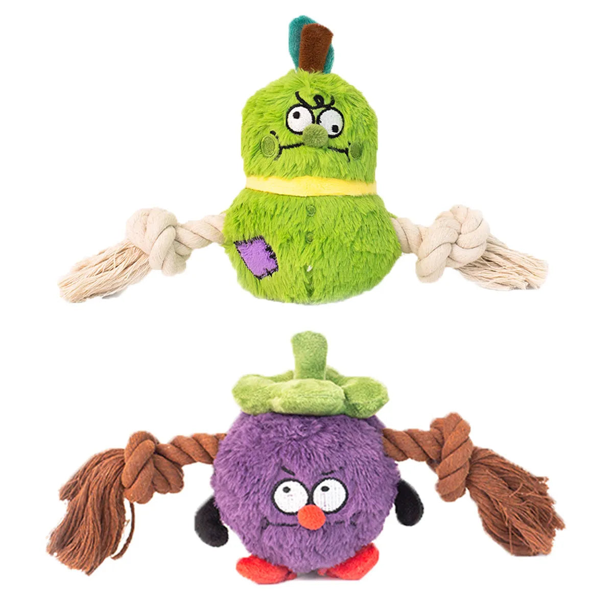 Green and purple plush rope knot dog toy with molar tooth shape for tug of war games.