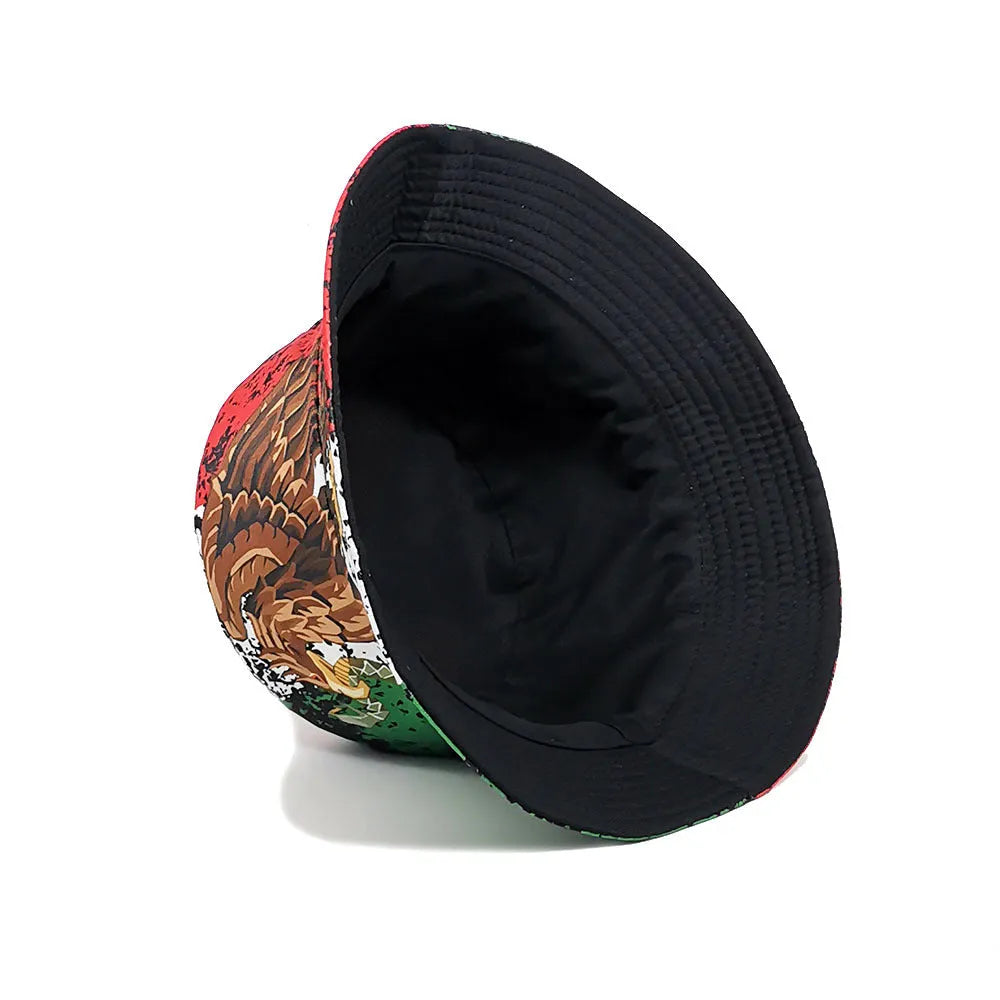 Eagle pattern retro bucket hat with dome crown on a neutral background.
