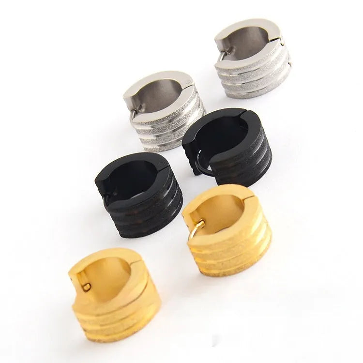 Frosted three-line geometric titanium steel earrings in Korean style with black gold steel colour options