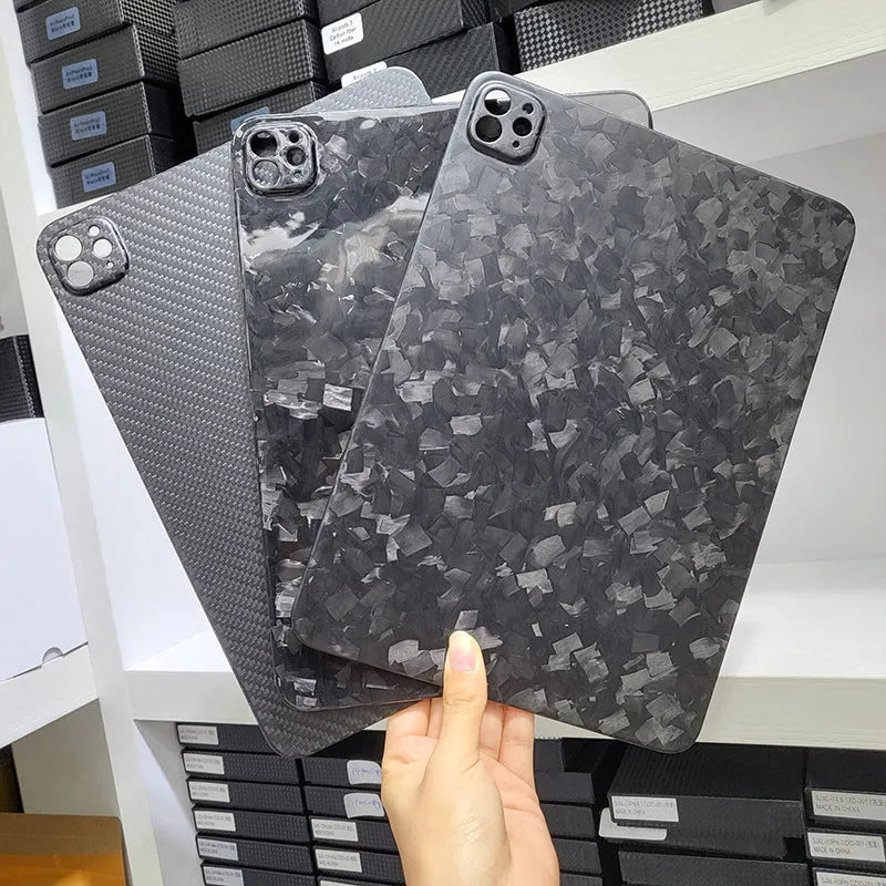 Carbon fibre protective cover for iPad Pro 11 showing embossed plaid texture