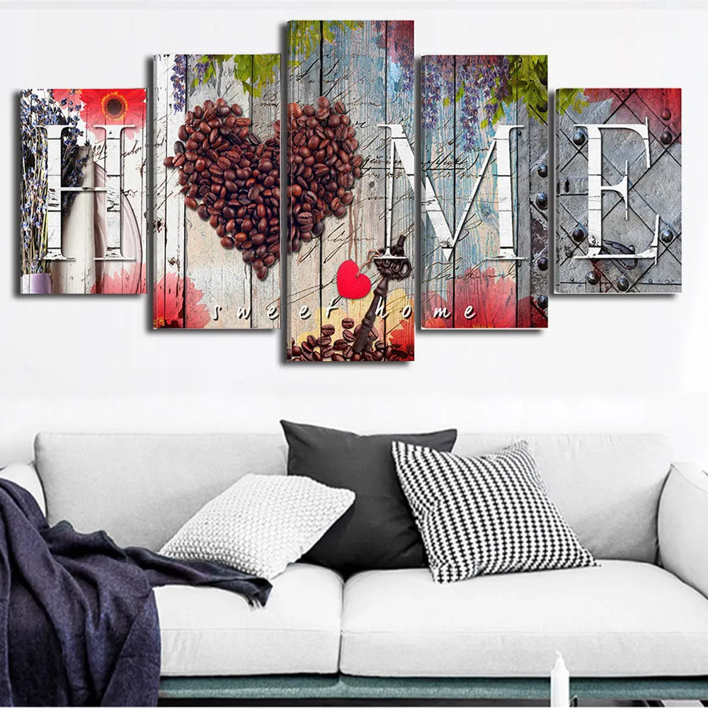 Red oil painting wall decoration boards in multiple sizes arranged on white wall