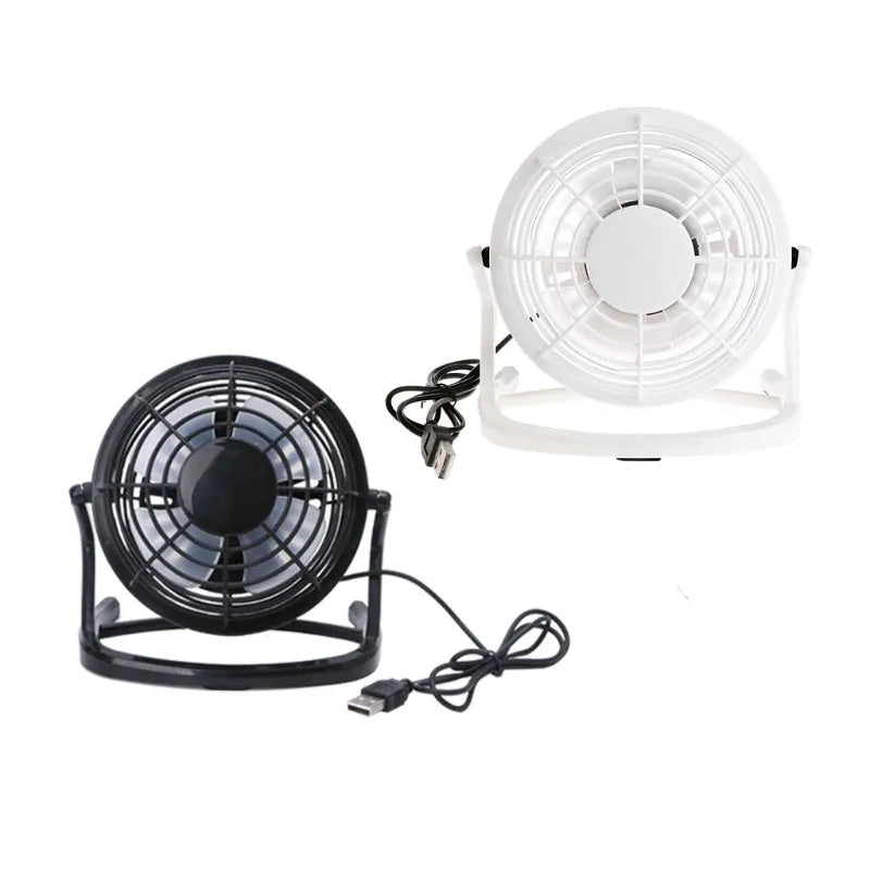 Adjustable mini USB desk fan in black colour with tilt mechanism and USB cable
