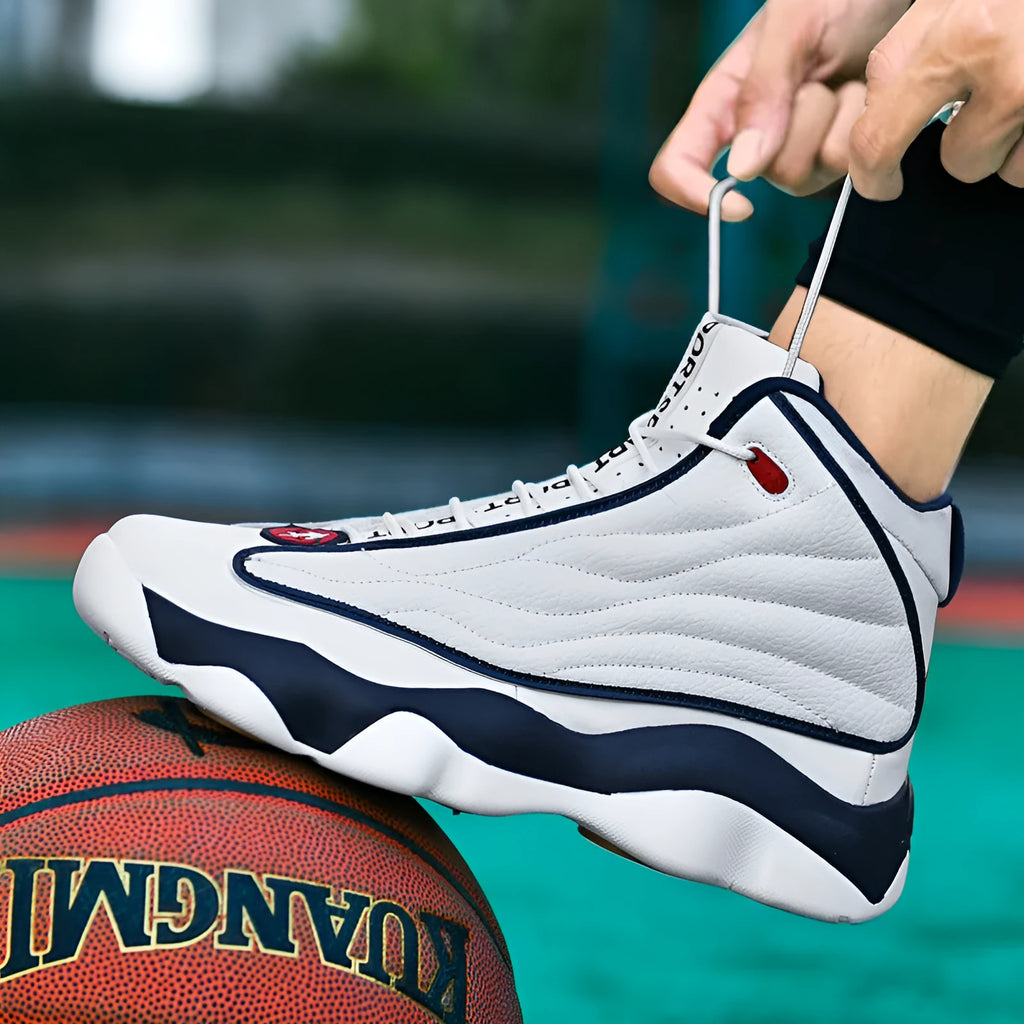 Men's high-top basketball shoe in black and light blue colour with mesh upper and rubber sole.
