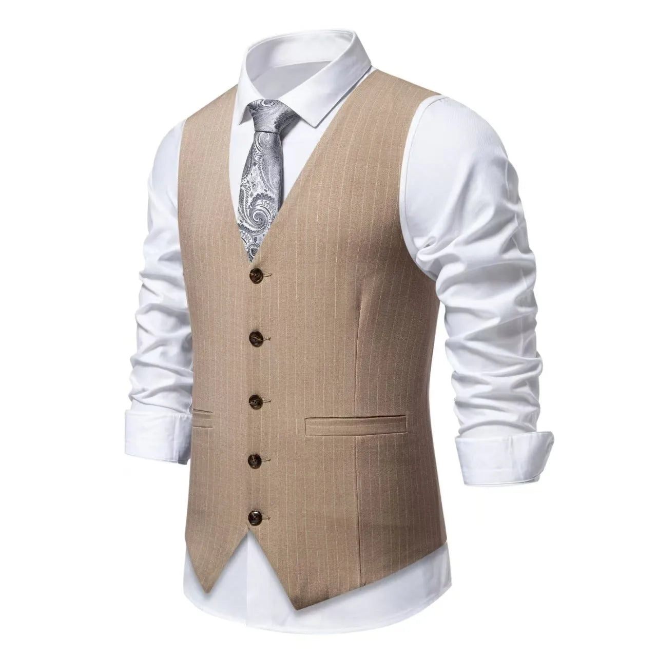 Men's striped suit vest in polyester with non-ironing finish, shown in red, black, and khaki colour options