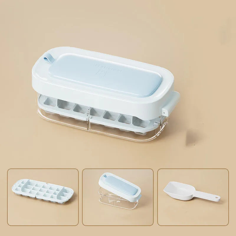 Food-grade plastic high capacity ice cube tray with grid and stored ice shovel in blue colour.