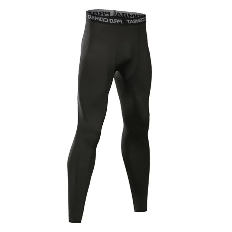 Men's polyester compression leggings in black or grey, quick dry slim fit sports tights for gym and running.