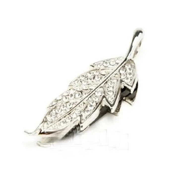 Silver metal USB flash drive shaped like a crystal maple leaf on a keyring.