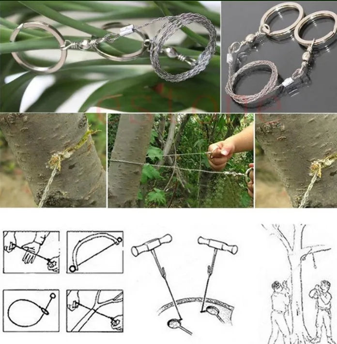 Stainless steel survival wire saw with pull rings showing 55cm cutting length